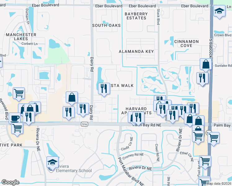 map of restaurants, bars, coffee shops, grocery stores, and more near 1030 Luminary Circle in Melbourne