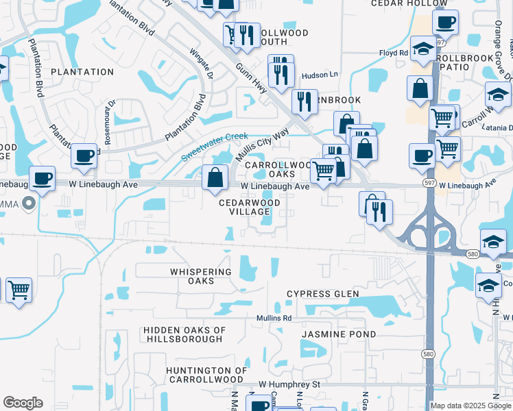 map of restaurants, bars, coffee shops, grocery stores, and more near 4414 Timber Terrace Circle in Tampa