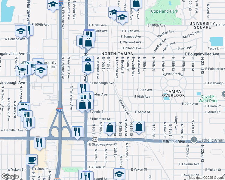 map of restaurants, bars, coffee shops, grocery stores, and more near 9808 North 12th Street in Tampa