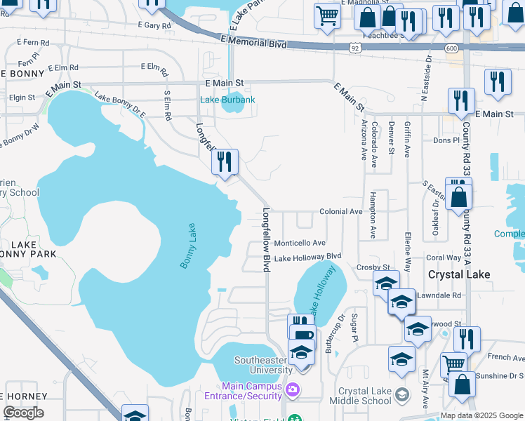 map of restaurants, bars, coffee shops, grocery stores, and more near 435 Longfellow Boulevard in Lakeland
