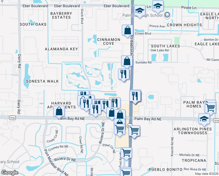 map of restaurants, bars, coffee shops, grocery stores, and more near 4690 Beck Lake Trail in Melbourne