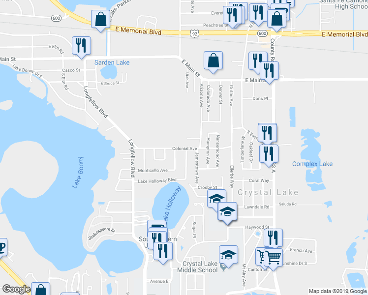 map of restaurants, bars, coffee shops, grocery stores, and more near 2182 Colonial Avenue in Lakeland