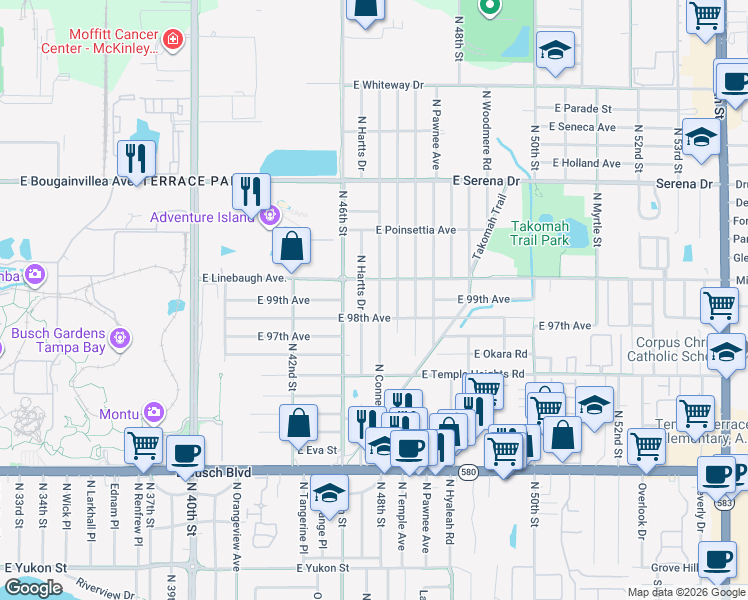 map of restaurants, bars, coffee shops, grocery stores, and more near 4611 East Linebaugh Avenue in Tampa