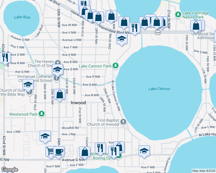 map of restaurants, bars, coffee shops, grocery stores, and more near 1457 West Lake Cannon Drive Northwest in Winter Haven