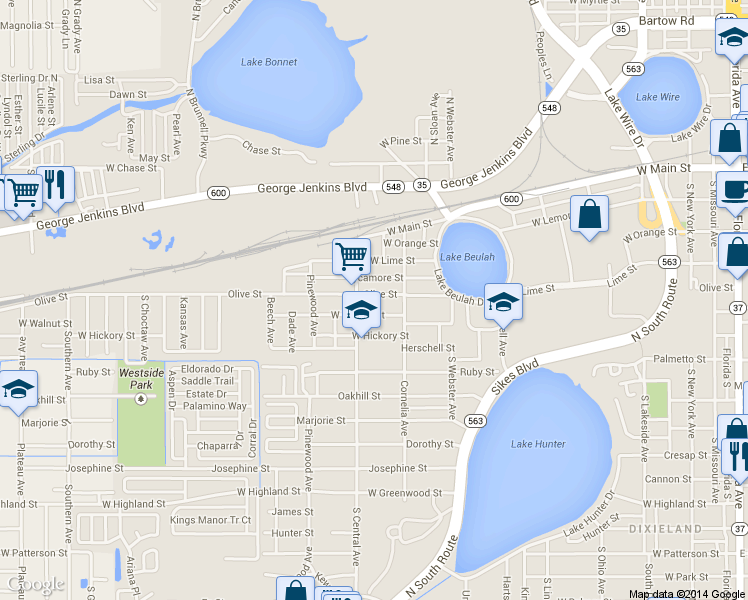 map of restaurants, bars, coffee shops, grocery stores, and more near 430 South Central Avenue in Lakeland