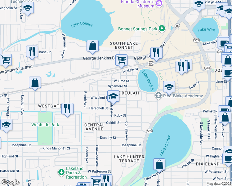 map of restaurants, bars, coffee shops, grocery stores, and more near 430 South Central Avenue in Lakeland