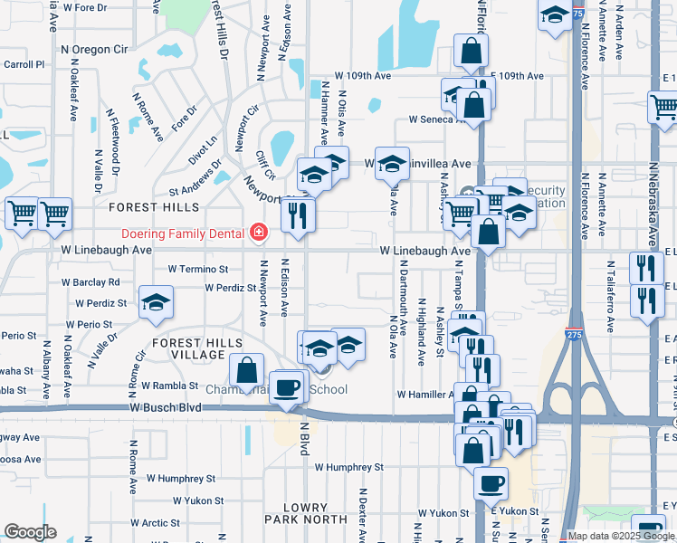 map of restaurants, bars, coffee shops, grocery stores, and more near 9710 Hidden Oaks Circle in Tampa