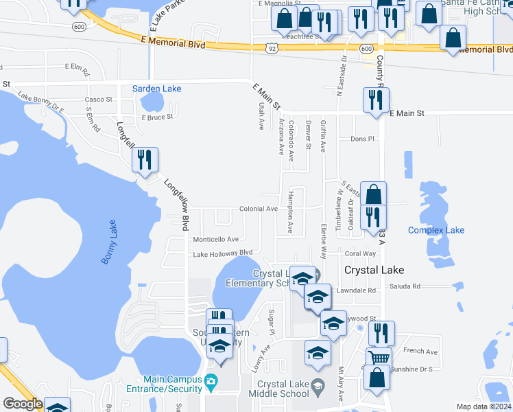 map of restaurants, bars, coffee shops, grocery stores, and more near 2192 Colonial Avenue in Lakeland