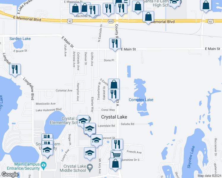 map of restaurants, bars, coffee shops, grocery stores, and more near 436 Timberlane East in Lakeland