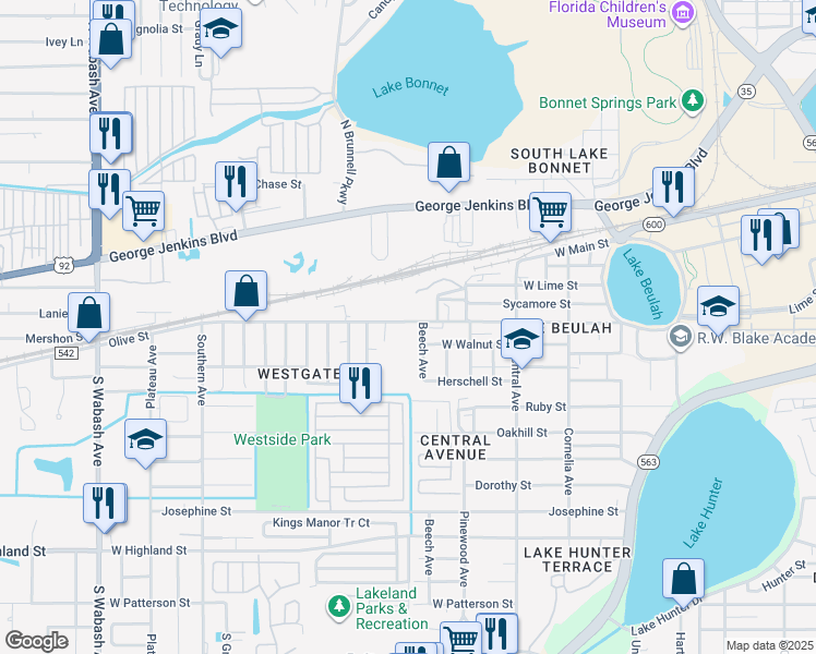 map of restaurants, bars, coffee shops, grocery stores, and more near 1410 Olive Street in Lakeland