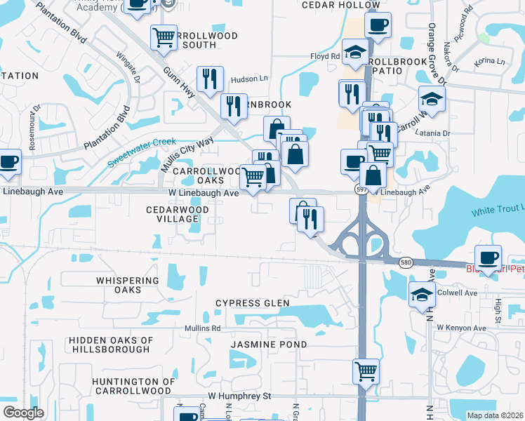 map of restaurants, bars, coffee shops, grocery stores, and more near 4109 Tartan Place in Tampa