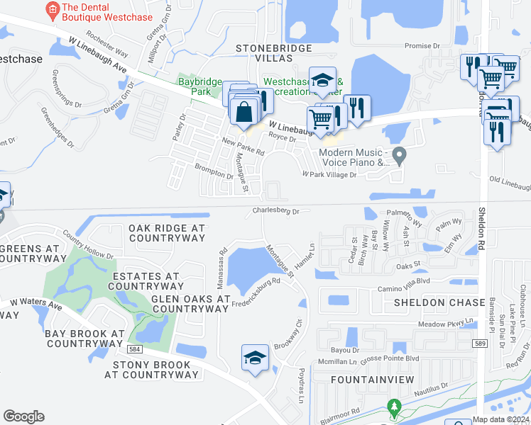 map of restaurants, bars, coffee shops, grocery stores, and more near 9548 Montague Street in Tampa