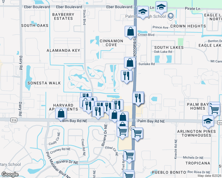map of restaurants, bars, coffee shops, grocery stores, and more near 4690 Beck Lake Trail in Melbourne