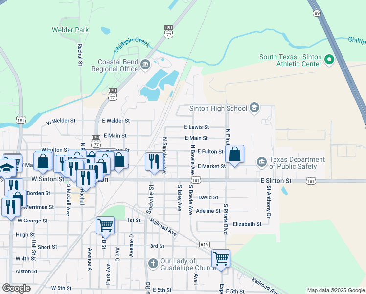 map of restaurants, bars, coffee shops, grocery stores, and more near 814 East Main Street in Sinton