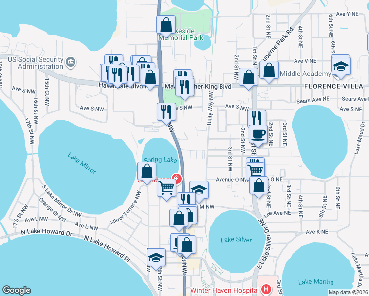 map of restaurants, bars, coffee shops, grocery stores, and more near 1700 6th Street Northwest in Winter Haven
