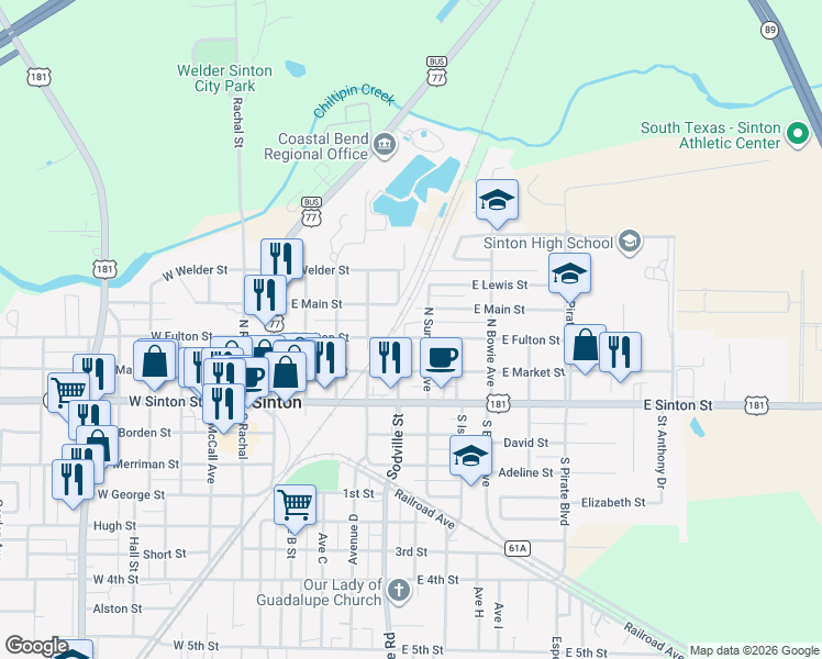 map of restaurants, bars, coffee shops, grocery stores, and more near 611 East Fulton Street in Sinton