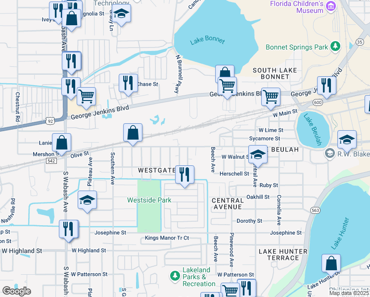 map of restaurants, bars, coffee shops, grocery stores, and more near 1604 Oregon Avenue in Lakeland