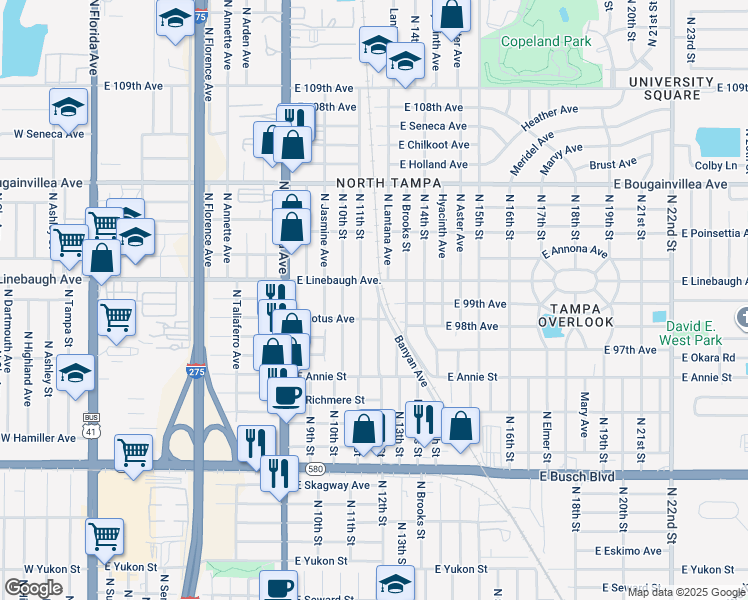 map of restaurants, bars, coffee shops, grocery stores, and more near 9820 North 12th Street in Tampa