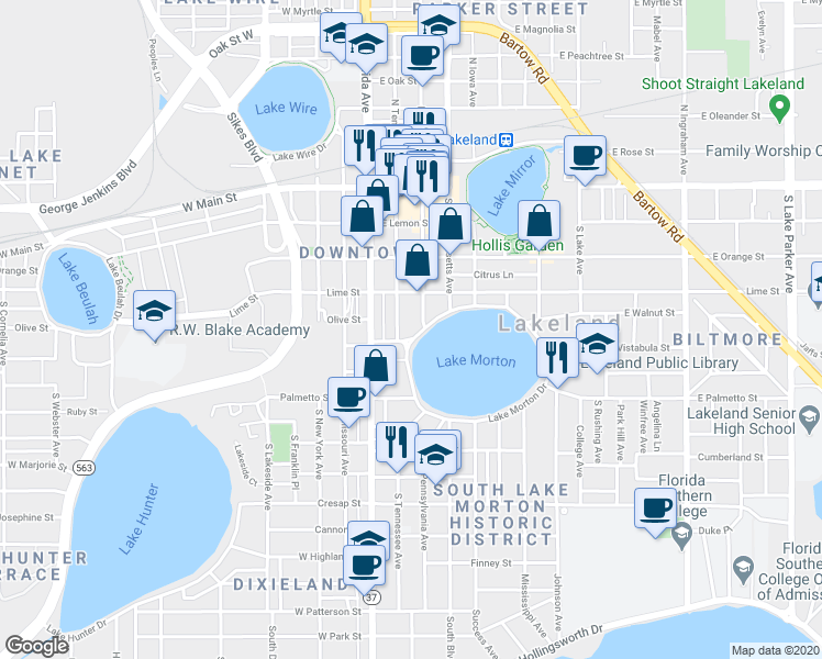 map of restaurants, bars, coffee shops, grocery stores, and more near 1 Lake Morton Drive in Lakeland