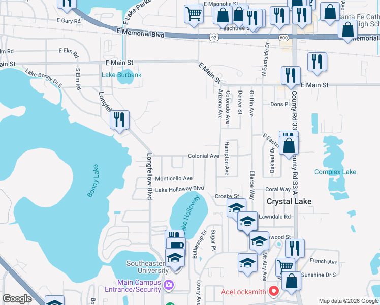 map of restaurants, bars, coffee shops, grocery stores, and more near 2174 Colonial Avenue in Lakeland