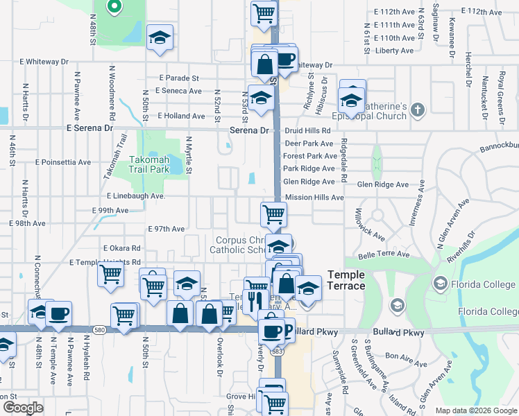 map of restaurants, bars, coffee shops, grocery stores, and more near 9808 North 55th Street in Tampa