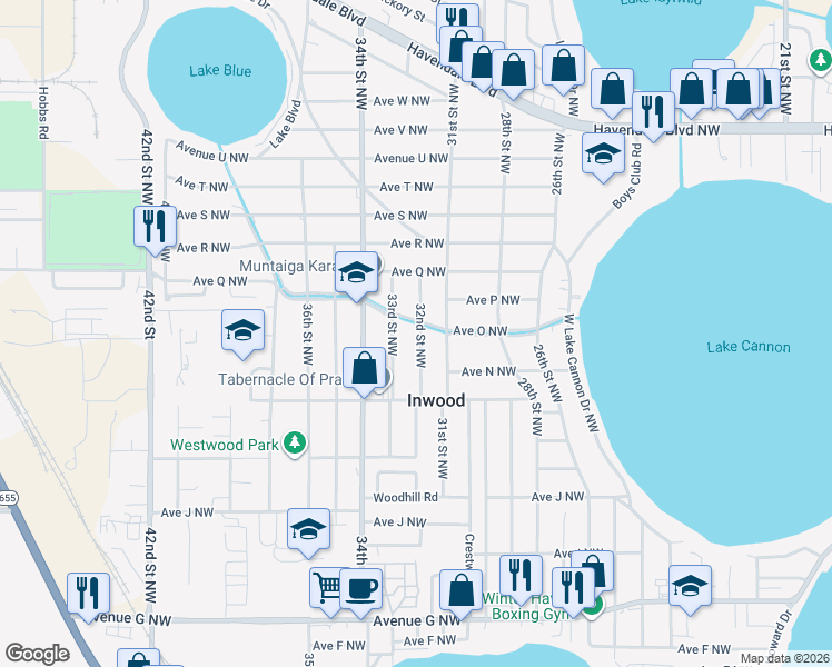map of restaurants, bars, coffee shops, grocery stores, and more near 1498 33rd Street Northwest in Winter Haven
