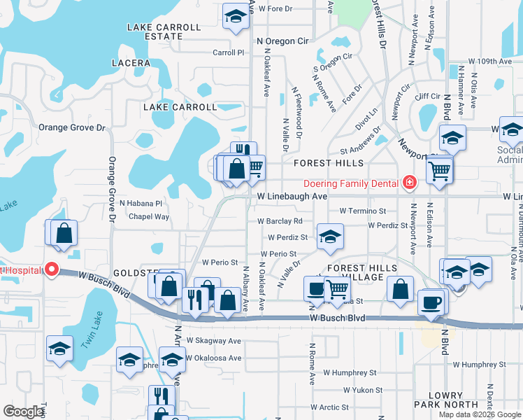 map of restaurants, bars, coffee shops, grocery stores, and more near 1768 Castle Rock Road in Tampa