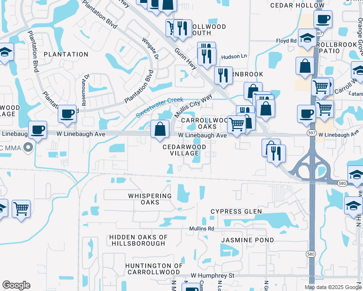 map of restaurants, bars, coffee shops, grocery stores, and more near 4414 Timber Terrace Circle in Tampa