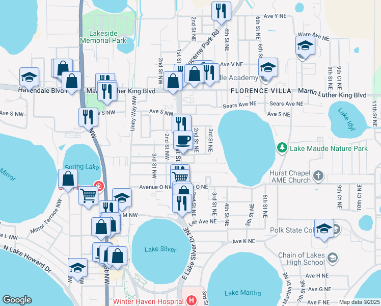 map of restaurants, bars, coffee shops, grocery stores, and more near 1706 Broxey Court Northeast in Winter Haven