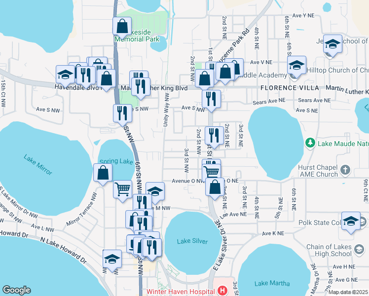 map of restaurants, bars, coffee shops, grocery stores, and more near 1709 3rd Street Northwest in Winter Haven