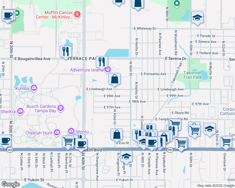 map of restaurants, bars, coffee shops, grocery stores, and more near 4205 East Linebaugh Avenue in Tampa