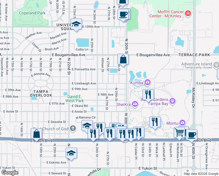 map of restaurants, bars, coffee shops, grocery stores, and more near 2714 East 99th Avenue in Tampa