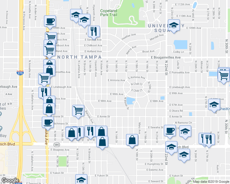 map of restaurants, bars, coffee shops, grocery stores, and more near 9907 North 16th Street in Tampa