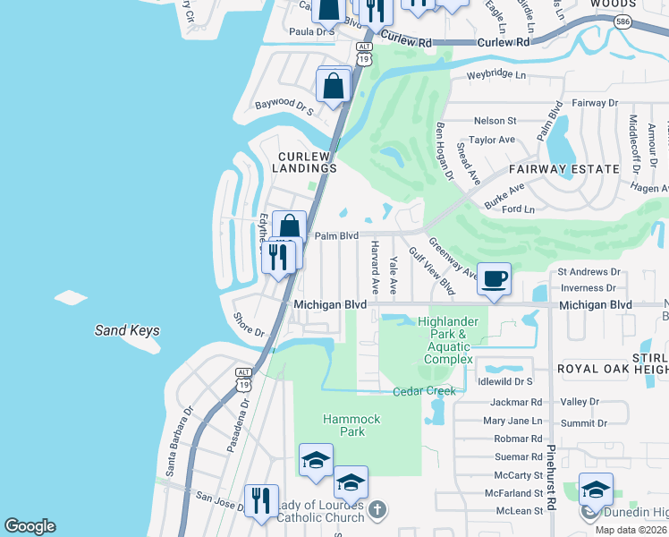 map of restaurants, bars, coffee shops, grocery stores, and more near 2036 Jefferson Avenue in Dunedin