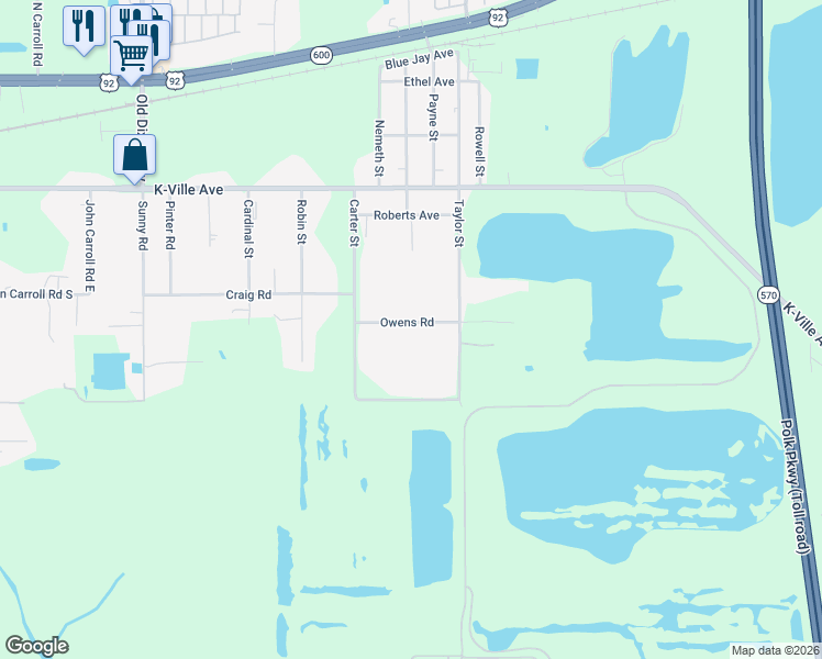 map of restaurants, bars, coffee shops, grocery stores, and more near 3827 Owens Road in Auburndale