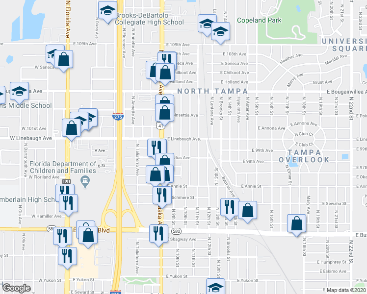 map of restaurants, bars, coffee shops, grocery stores, and more near 9809 North Jasmine Avenue in Tampa