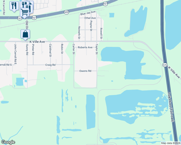 map of restaurants, bars, coffee shops, grocery stores, and more near 3827 Owens Road in Auburndale