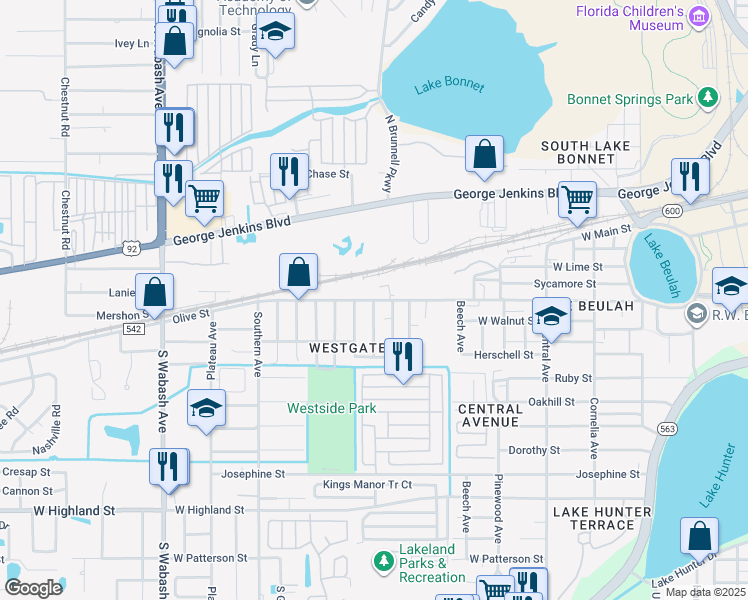 map of restaurants, bars, coffee shops, grocery stores, and more near 1671 Olive Street in Lakeland