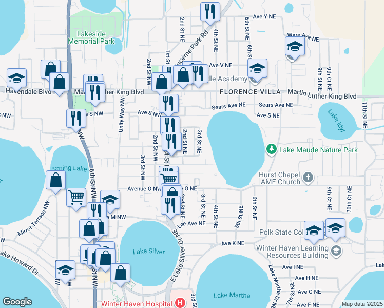 map of restaurants, bars, coffee shops, grocery stores, and more near 204 Bennett Street Northeast in Winter Haven