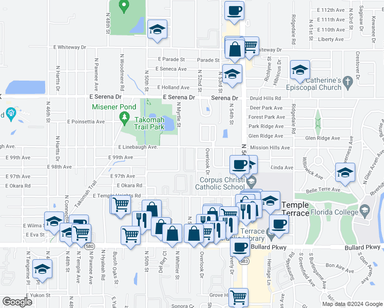 map of restaurants, bars, coffee shops, grocery stores, and more near 5150 Bernard Circle in Tampa