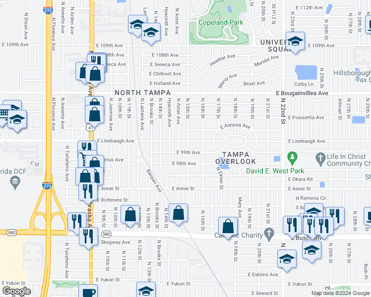 map of restaurants, bars, coffee shops, grocery stores, and more near 9902 North 15th Street in Tampa