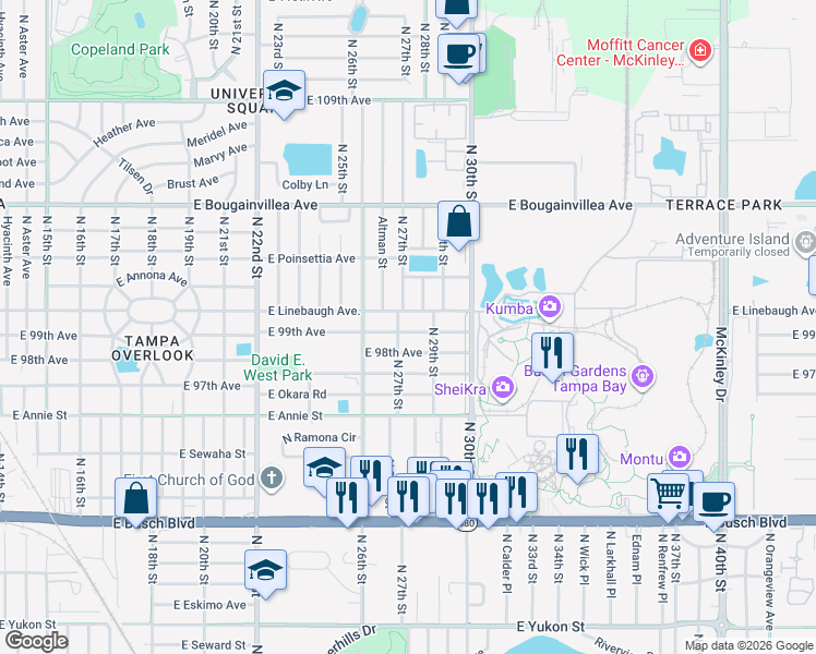 map of restaurants, bars, coffee shops, grocery stores, and more near 2714 East 99th Avenue in Tampa