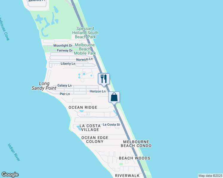 map of restaurants, bars, coffee shops, grocery stores, and more near 2999 South Highway A1A in Melbourne Beach