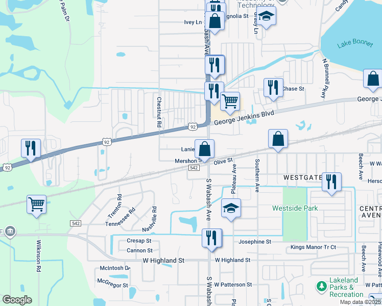 map of restaurants, bars, coffee shops, grocery stores, and more near 2132 Lanier Street in Lakeland