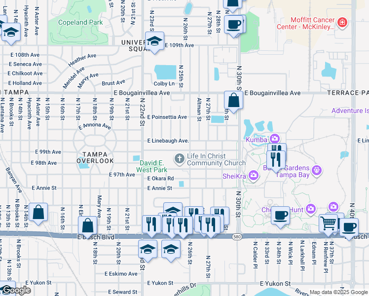 map of restaurants, bars, coffee shops, grocery stores, and more near 9904 North 26th Street in Tampa