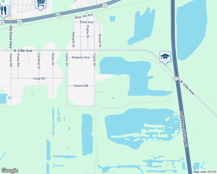 map of restaurants, bars, coffee shops, grocery stores, and more near 1633 Taylor Street in Auburndale