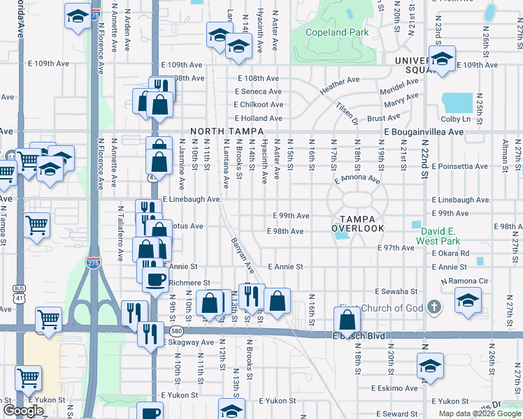 map of restaurants, bars, coffee shops, grocery stores, and more near 9902 Hyacinth Avenue in Tampa