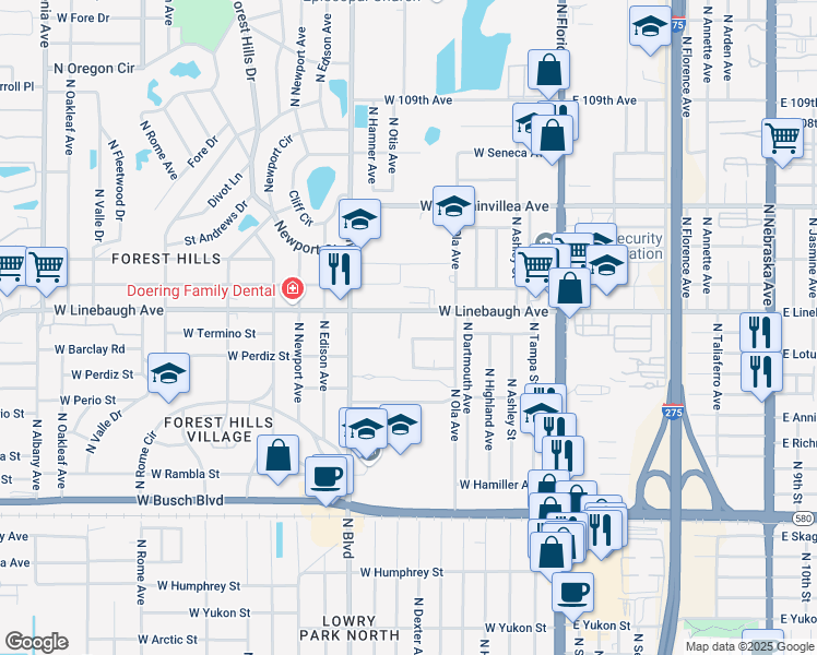 map of restaurants, bars, coffee shops, grocery stores, and more near 9710 Hidden Oaks Circle in Tampa