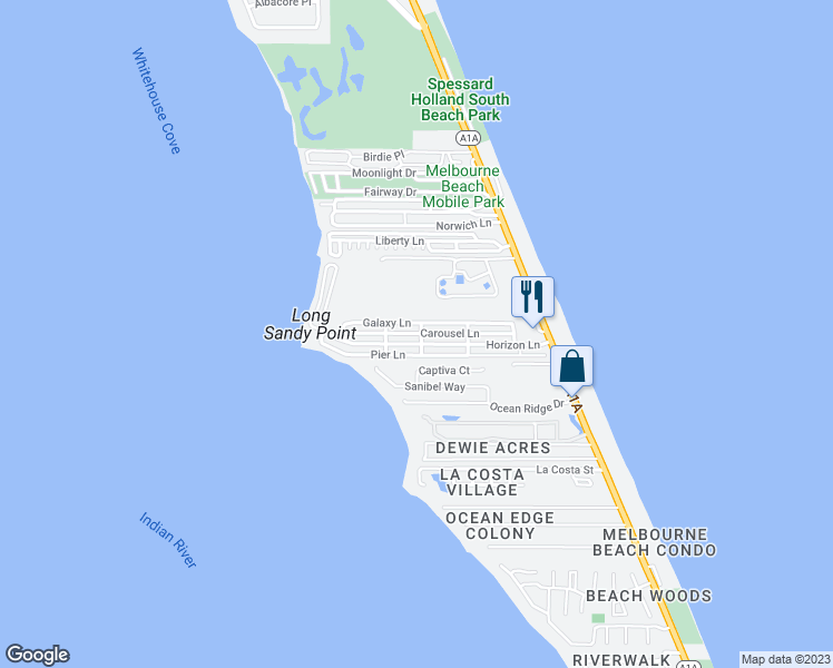 map of restaurants, bars, coffee shops, grocery stores, and more near 632 Carousel Lane in Melbourne Beach