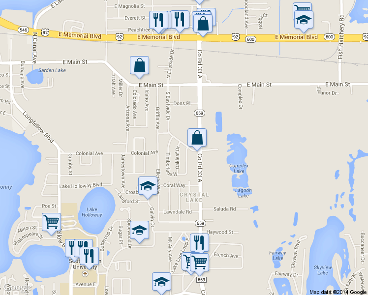 map of restaurants, bars, coffee shops, grocery stores, and more near 436 Timberlane East in Lakeland